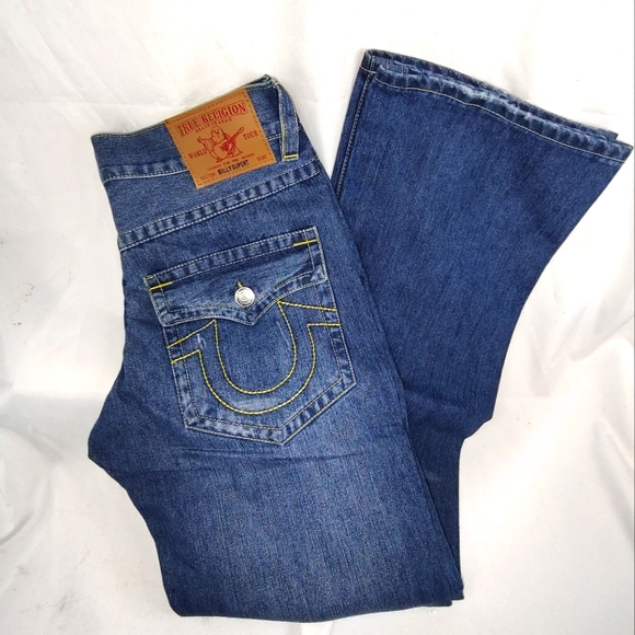 True Religion World Billy SuperT Jeans Mens 34 Bootcut Med Wash Flap Pocket - Picture 1 of 5